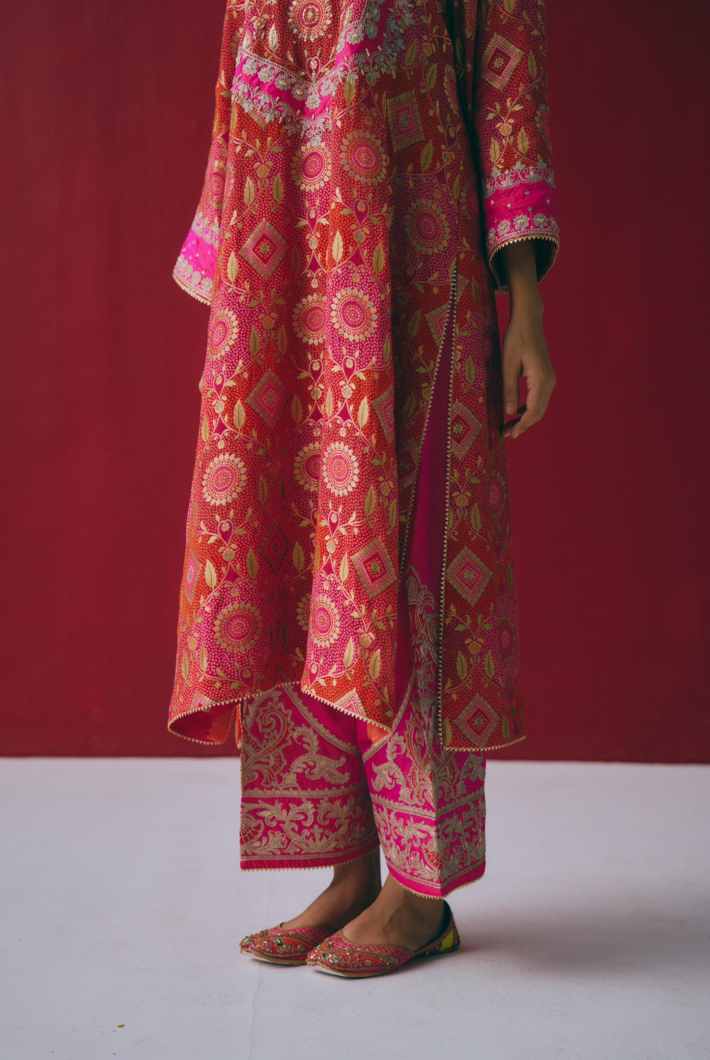 Red & Pink Banarasi Georgette Kurta Set with Dabka & Gota Embroidery