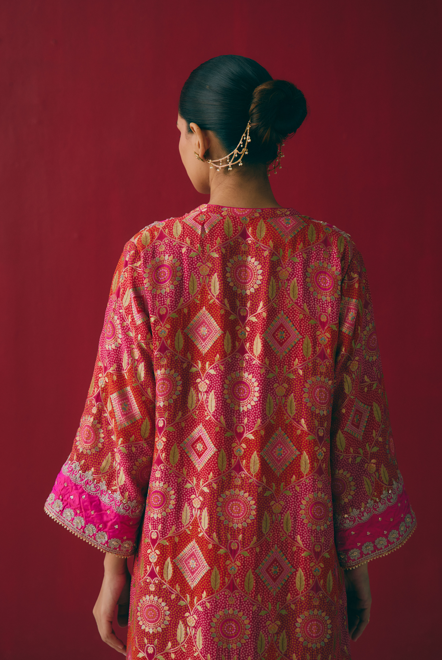 Red & Pink Banarasi Georgette Kurta Set with Dabka & Gota Embroidery