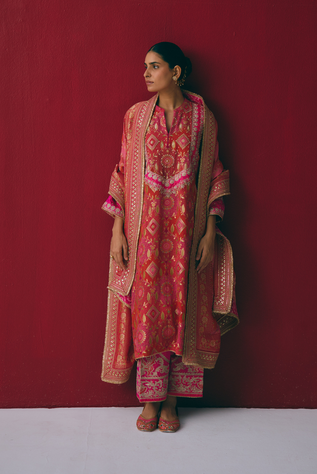 Red & Pink Banarasi Georgette Kurta Set with Dabka & Gota Embroidery