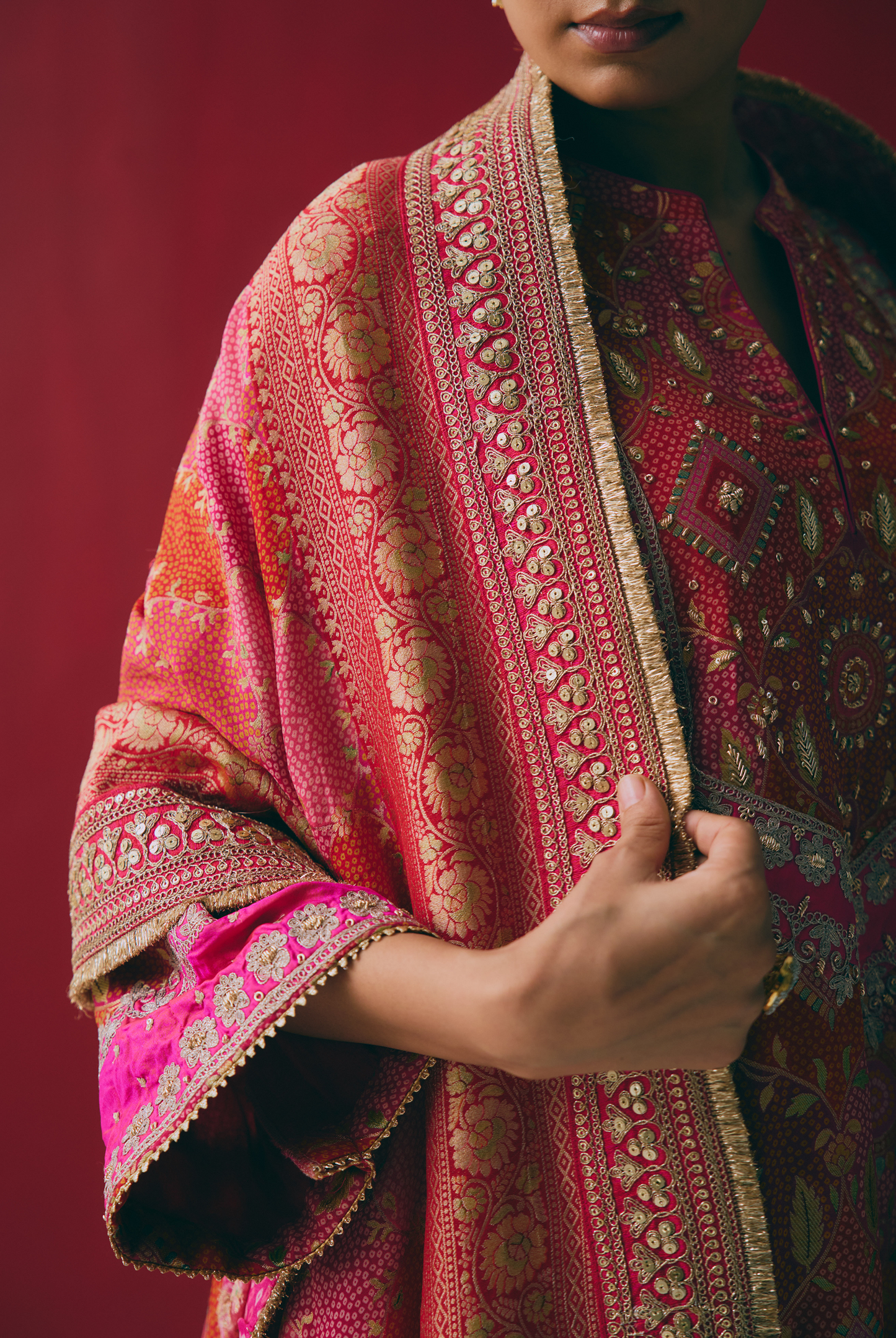 Red & Pink Banarasi Georgette Kurta Set with Dabka & Gota Embroidery