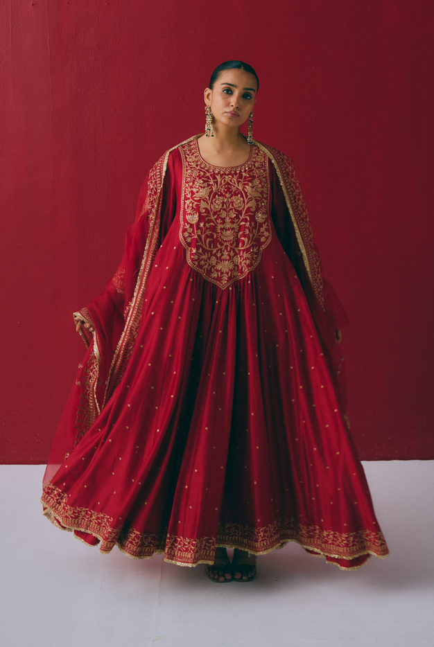 Crimson Chanderi Silk Anarkali with Zari & Aari Embroidery