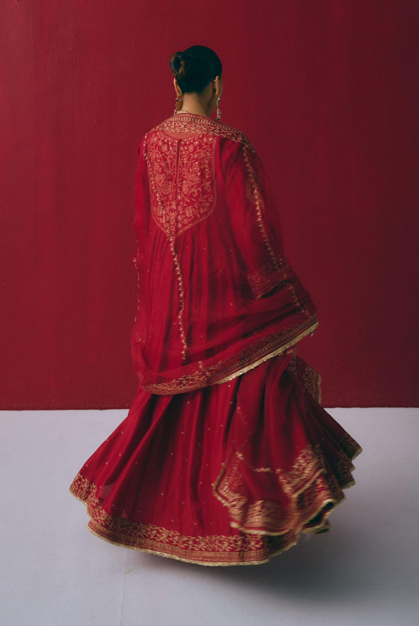 Crimson Chanderi Silk Anarkali with Zari & Aari Embroidery