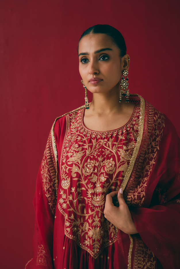 Crimson Chanderi Silk Anarkali with Zari & Aari Embroidery