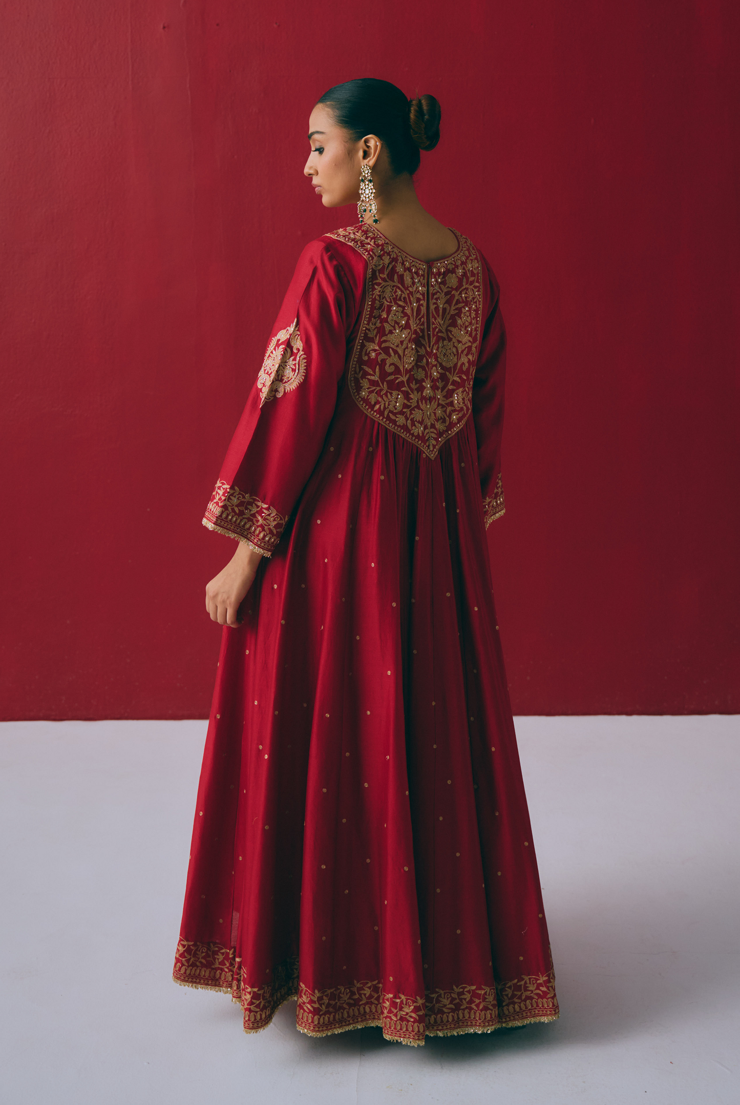 Crimson Chanderi Silk Anarkali with Zari & Aari Embroidery