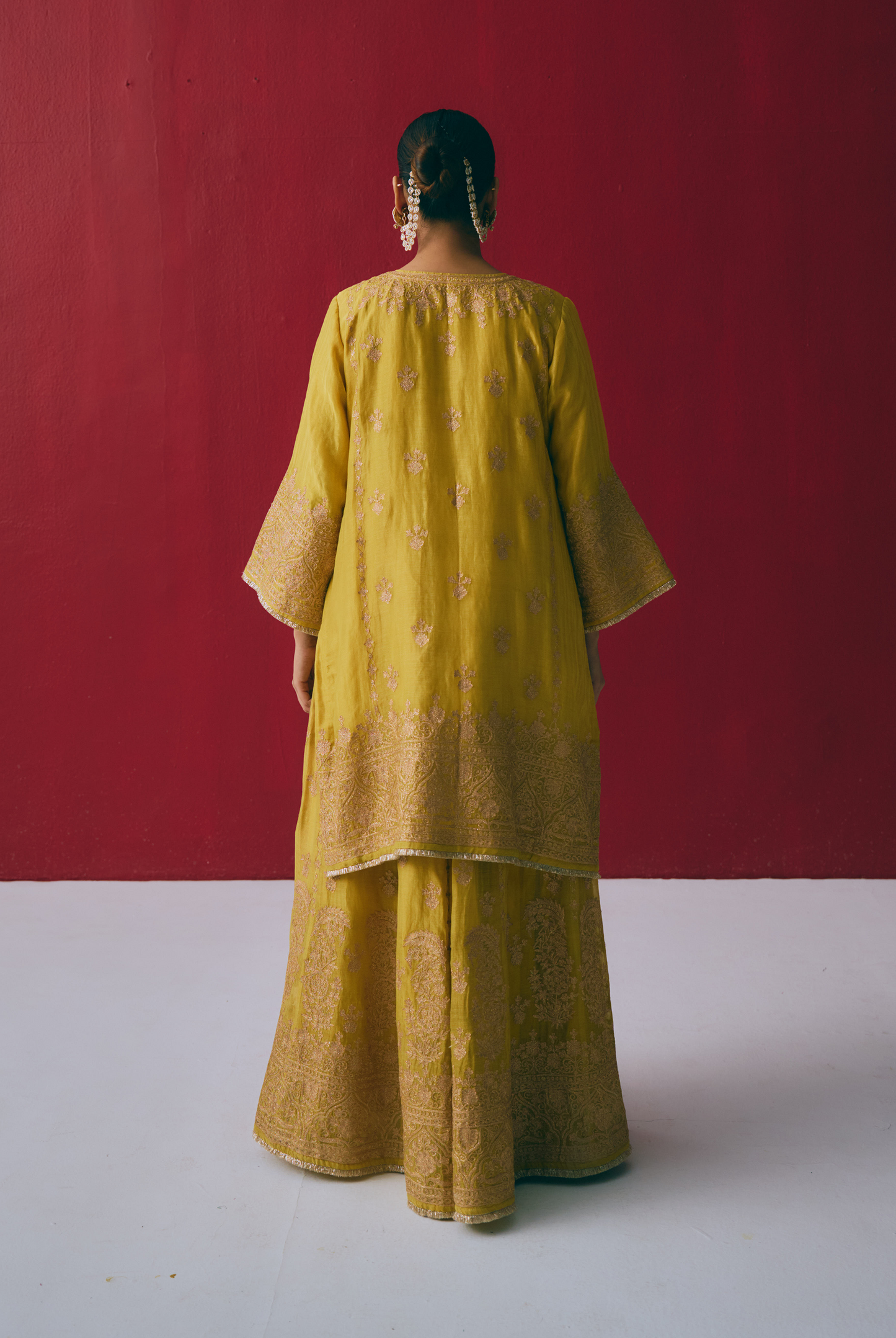 Yellow Tissue Chanderi Kurta Set with Aari & Pitta Embroidery