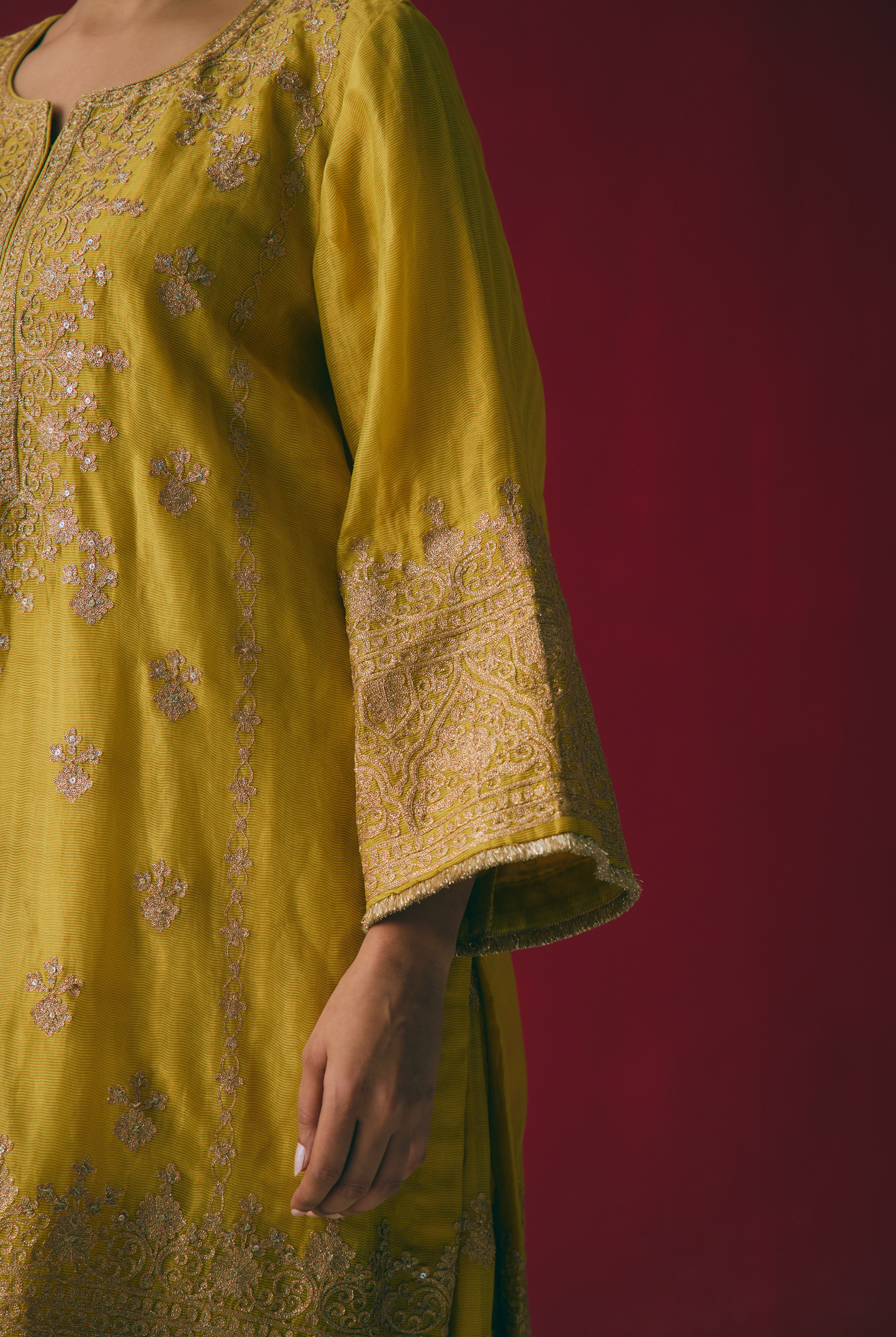 Yellow Tissue Chanderi Kurta Set with Aari & Pitta Embroidery