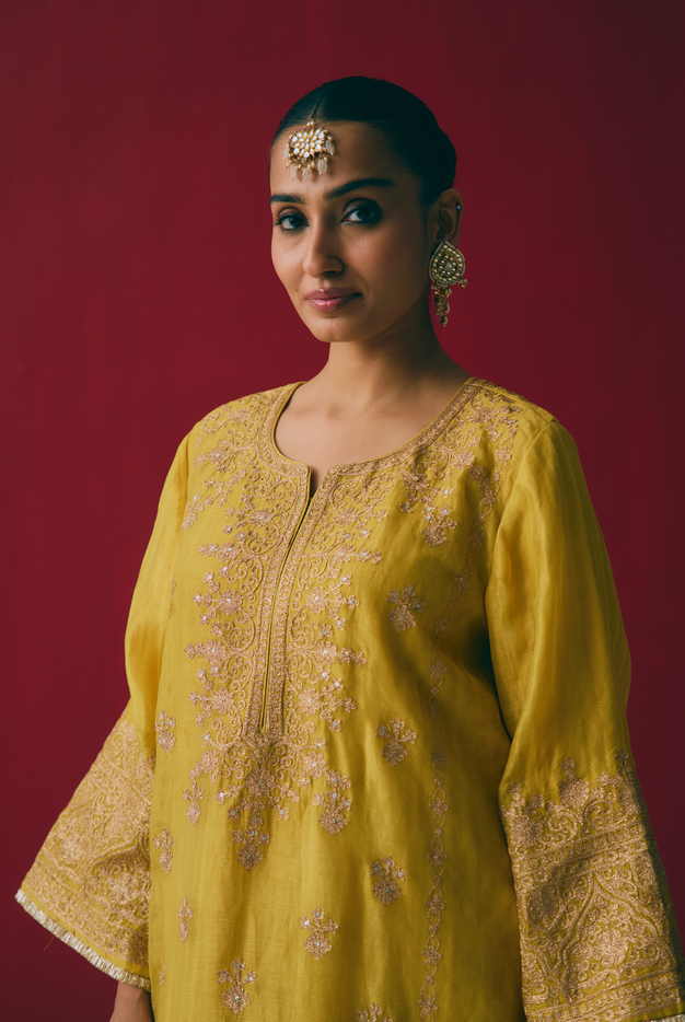 Yellow Tissue Chanderi Kurta Set with Aari & Pitta Embroidery