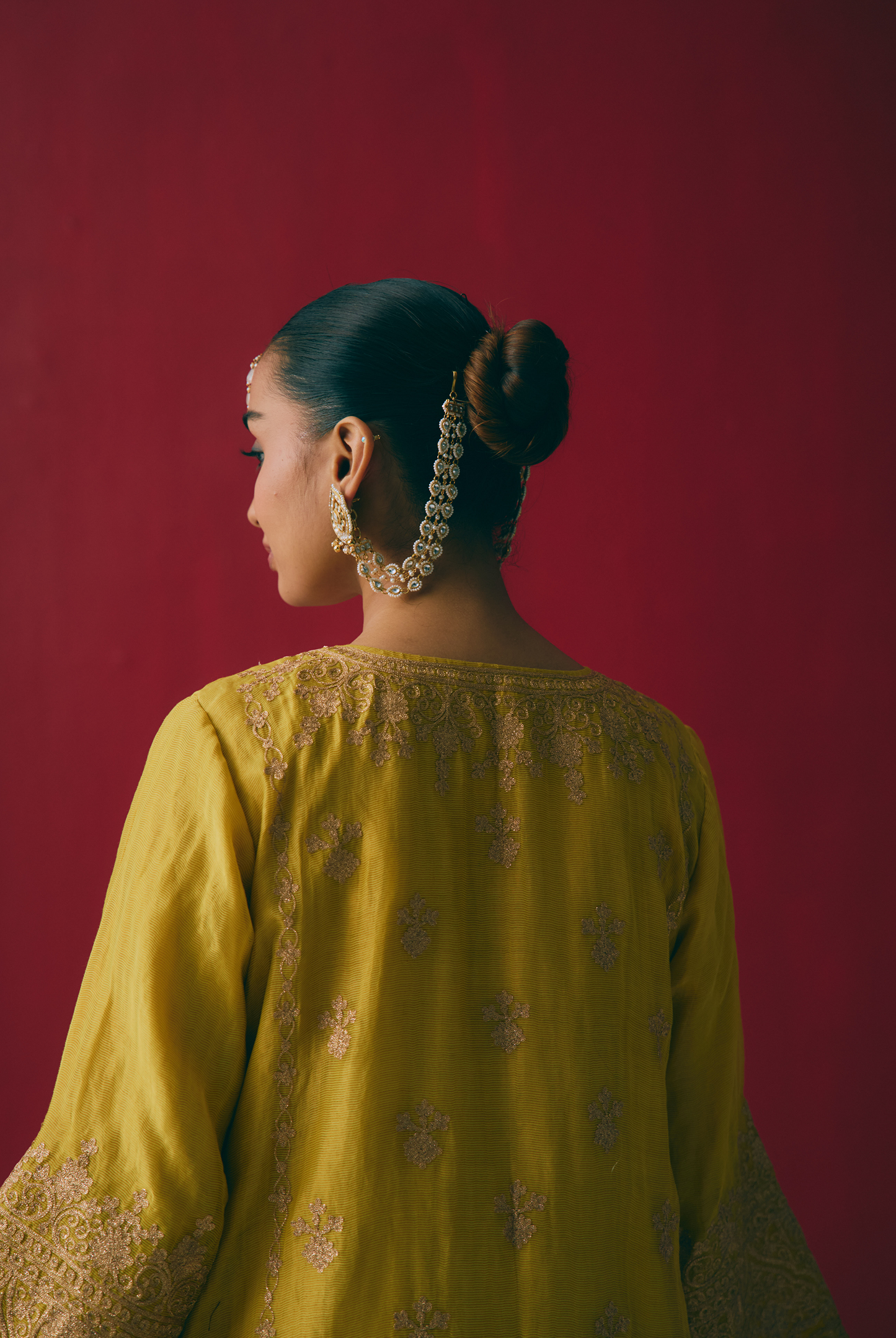 Yellow Tissue Chanderi Kurta Set with Aari & Pitta Embroidery