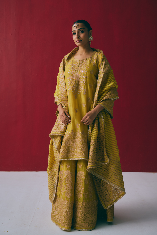 Yellow Tissue Chanderi Kurta Set with Aari & Pitta Embroidery