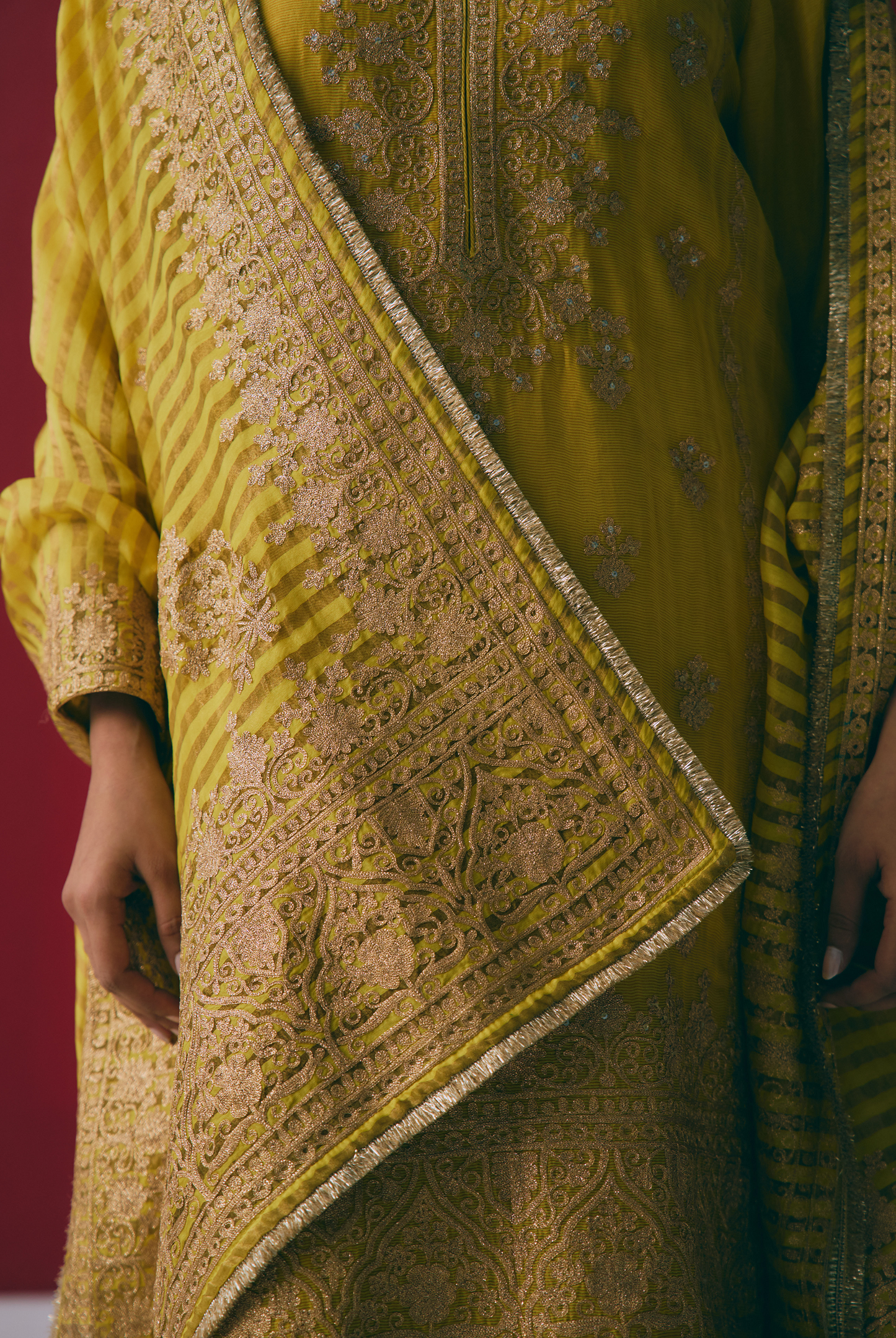 Yellow Tissue Chanderi Kurta Set with Aari & Pitta Embroidery