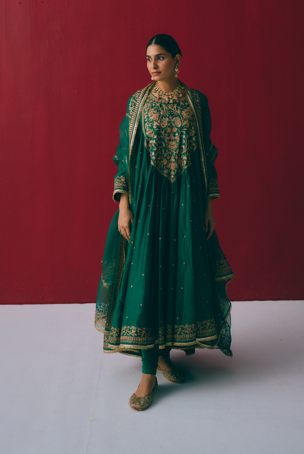 Emerald Chanderi Silk Anarkali with Zari & Aari Embroidery
