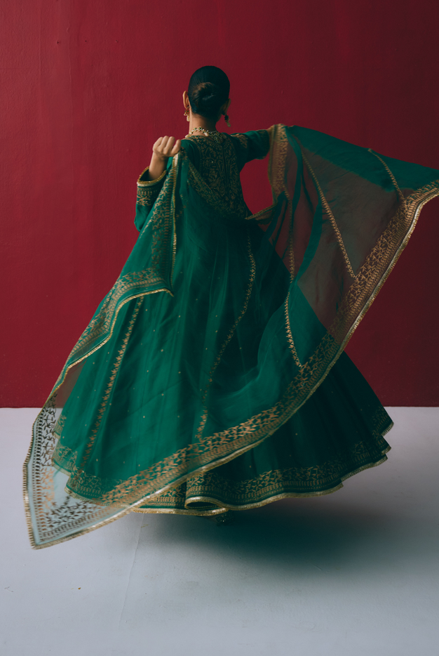 Emerald Chanderi Silk Anarkali with Zari & Aari Embroidery