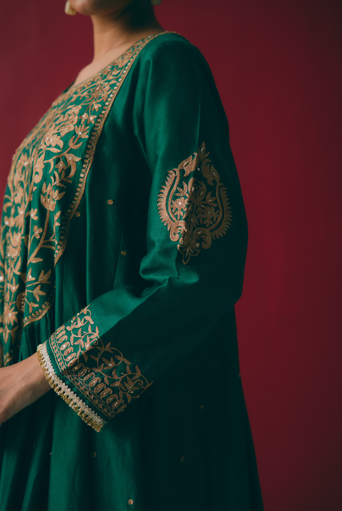 Emerald Chanderi Silk Anarkali with Zari & Aari Embroidery