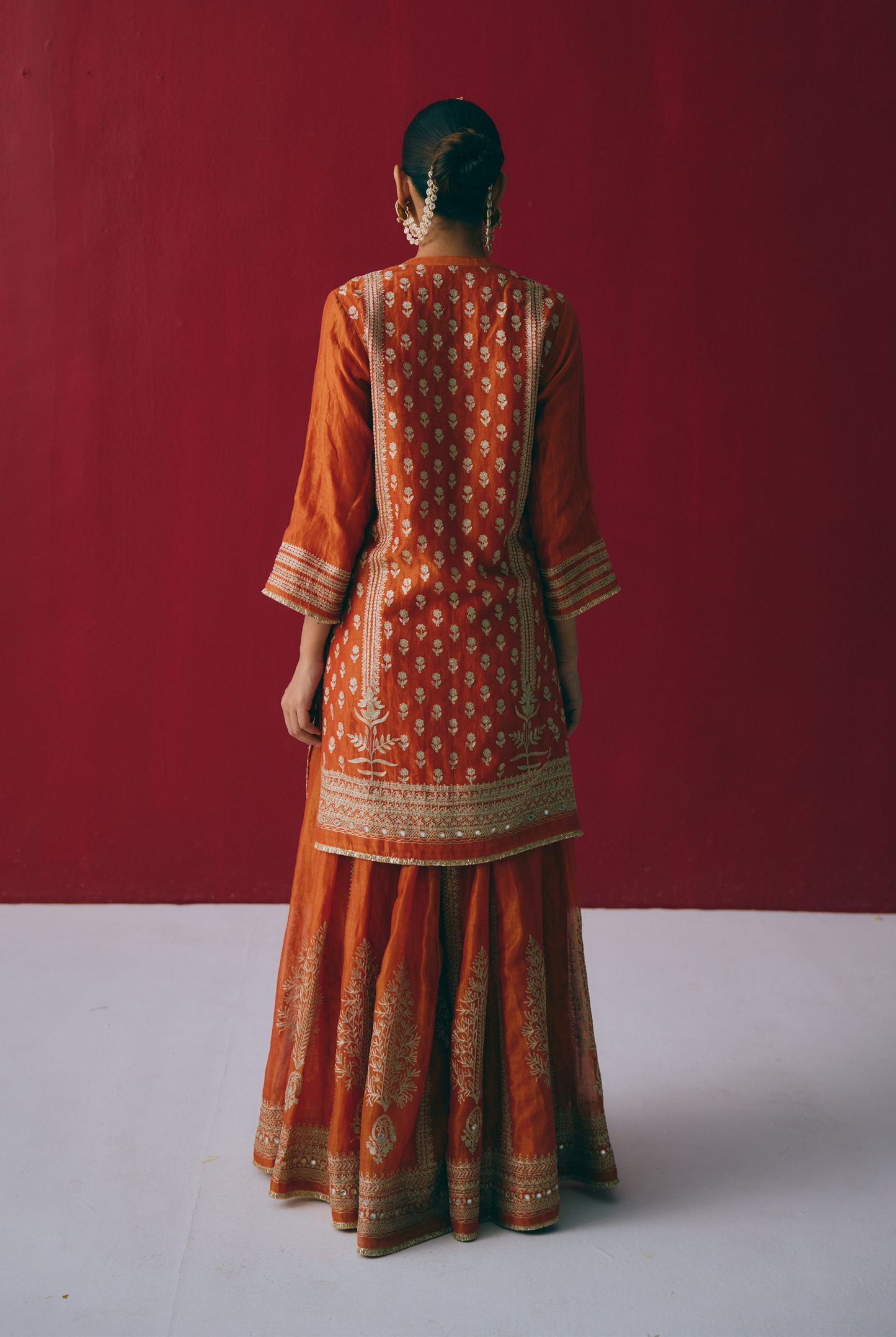 Rust Orange Tissue Chanderi Kurta Set with Ari & Pita Embroidery