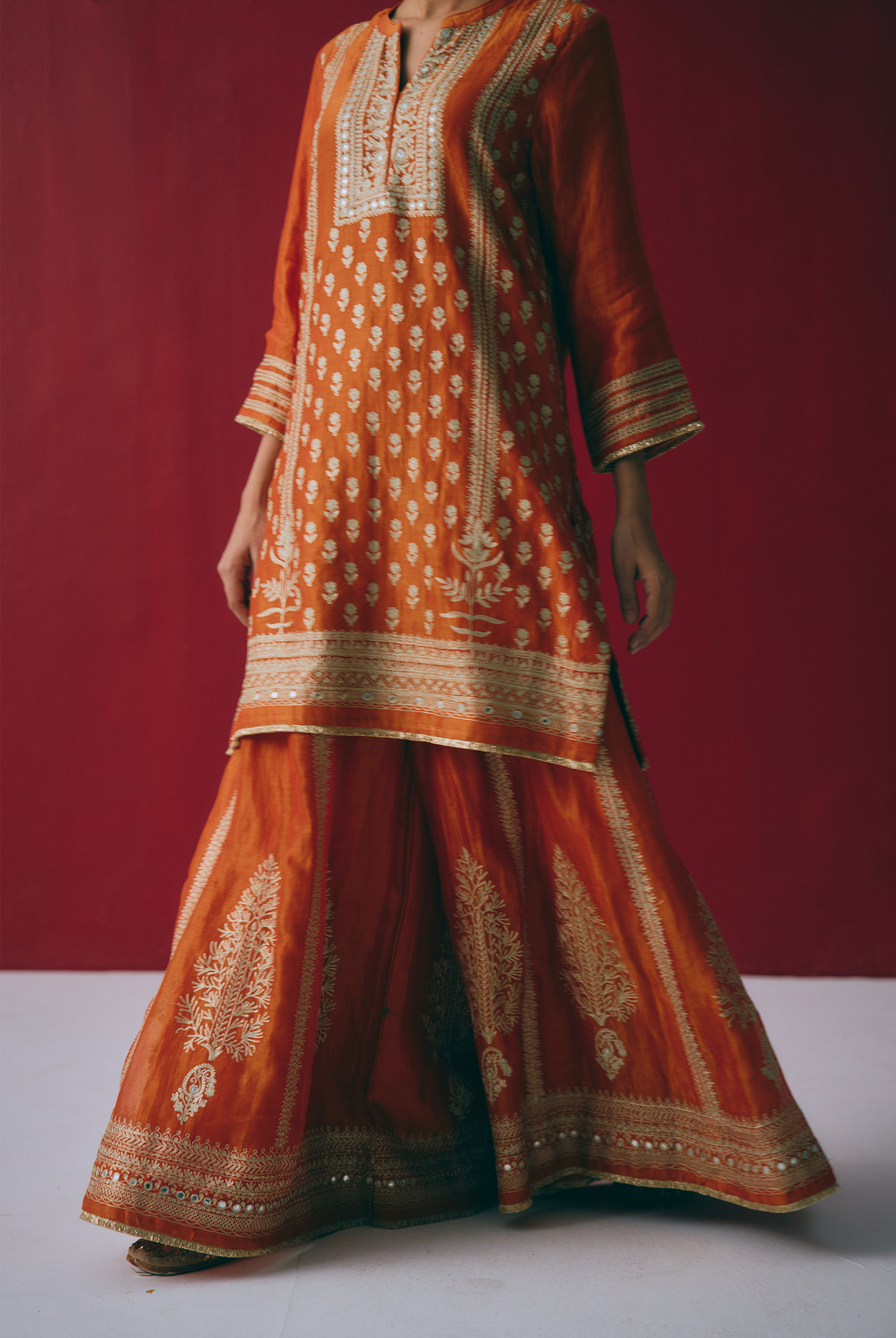Rust Orange Tissue Chanderi Kurta Set with Ari & Pita Embroidery