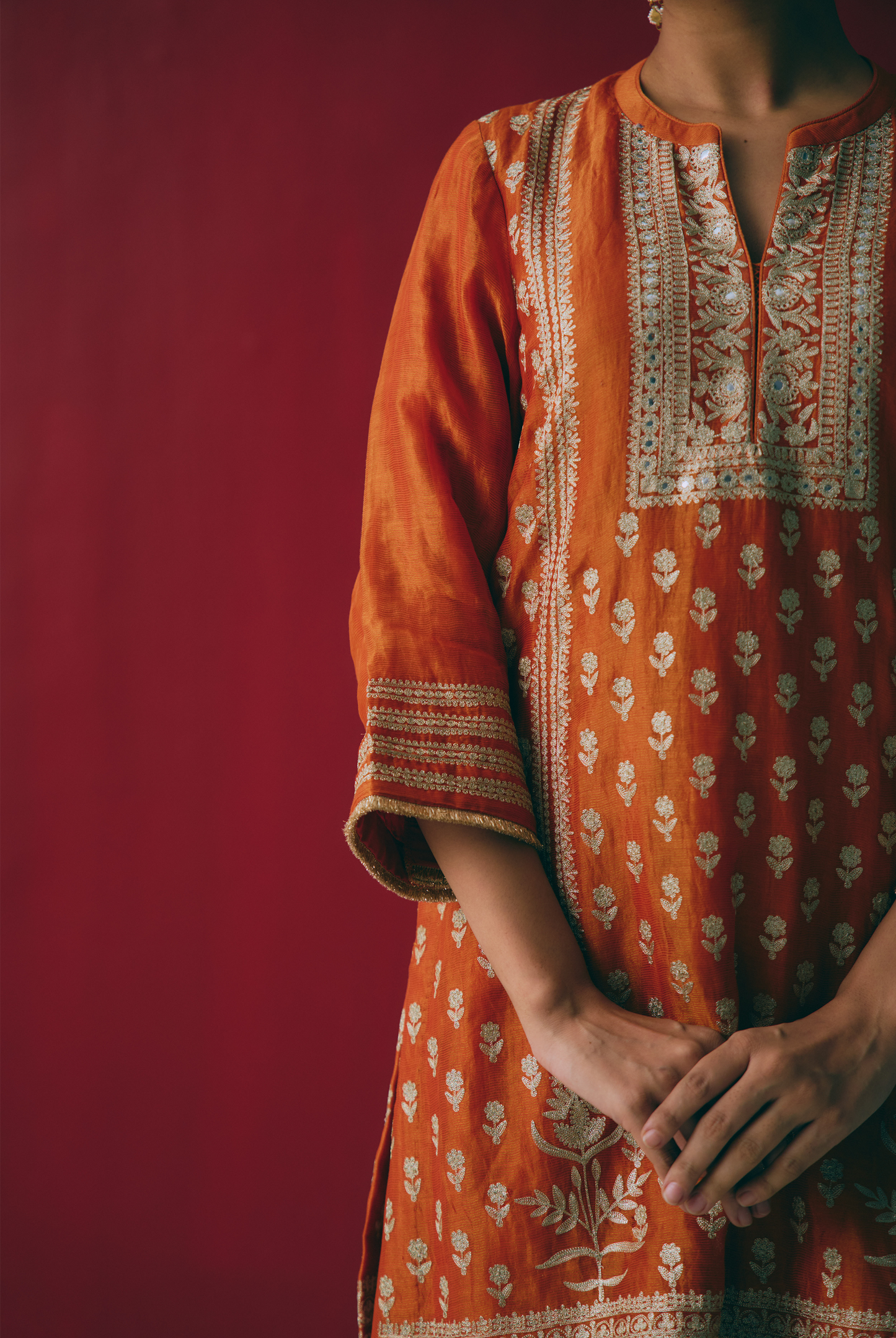 Rust Orange Tissue Chanderi Kurta Set with Ari & Pita Embroidery