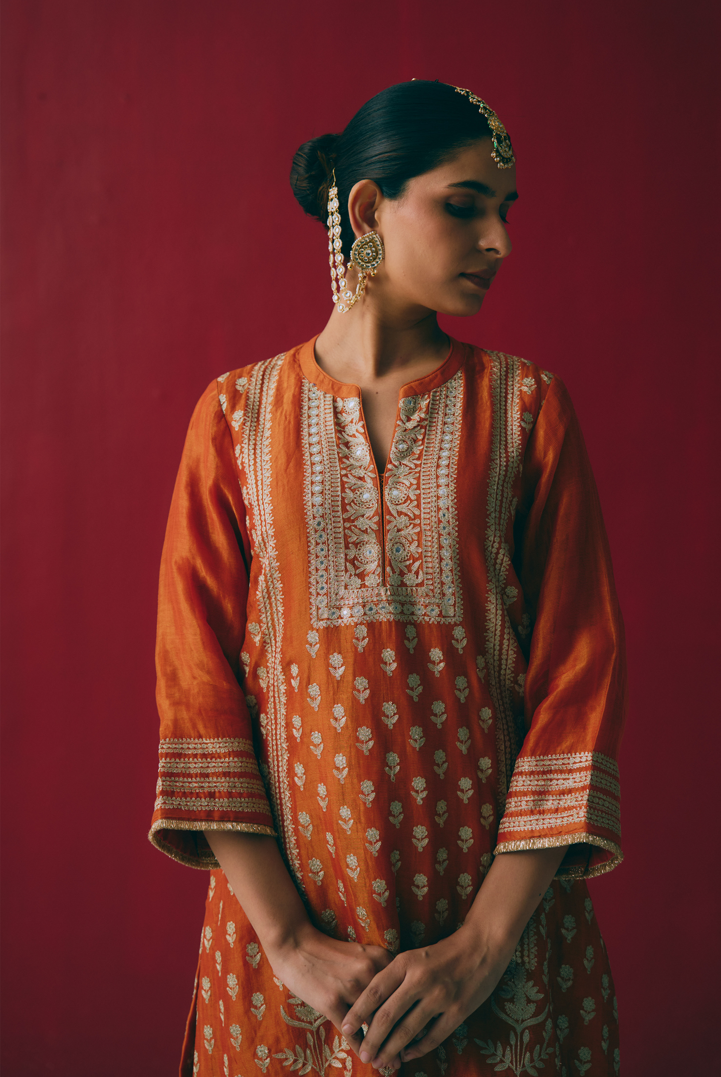 Rust Orange Tissue Chanderi Kurta Set with Ari & Pita Embroidery