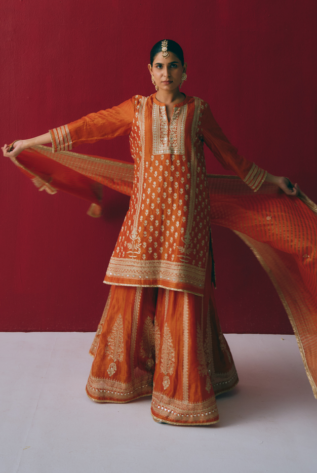 Rust Orange Tissue Chanderi Kurta Set with Ari & Pita Embroidery