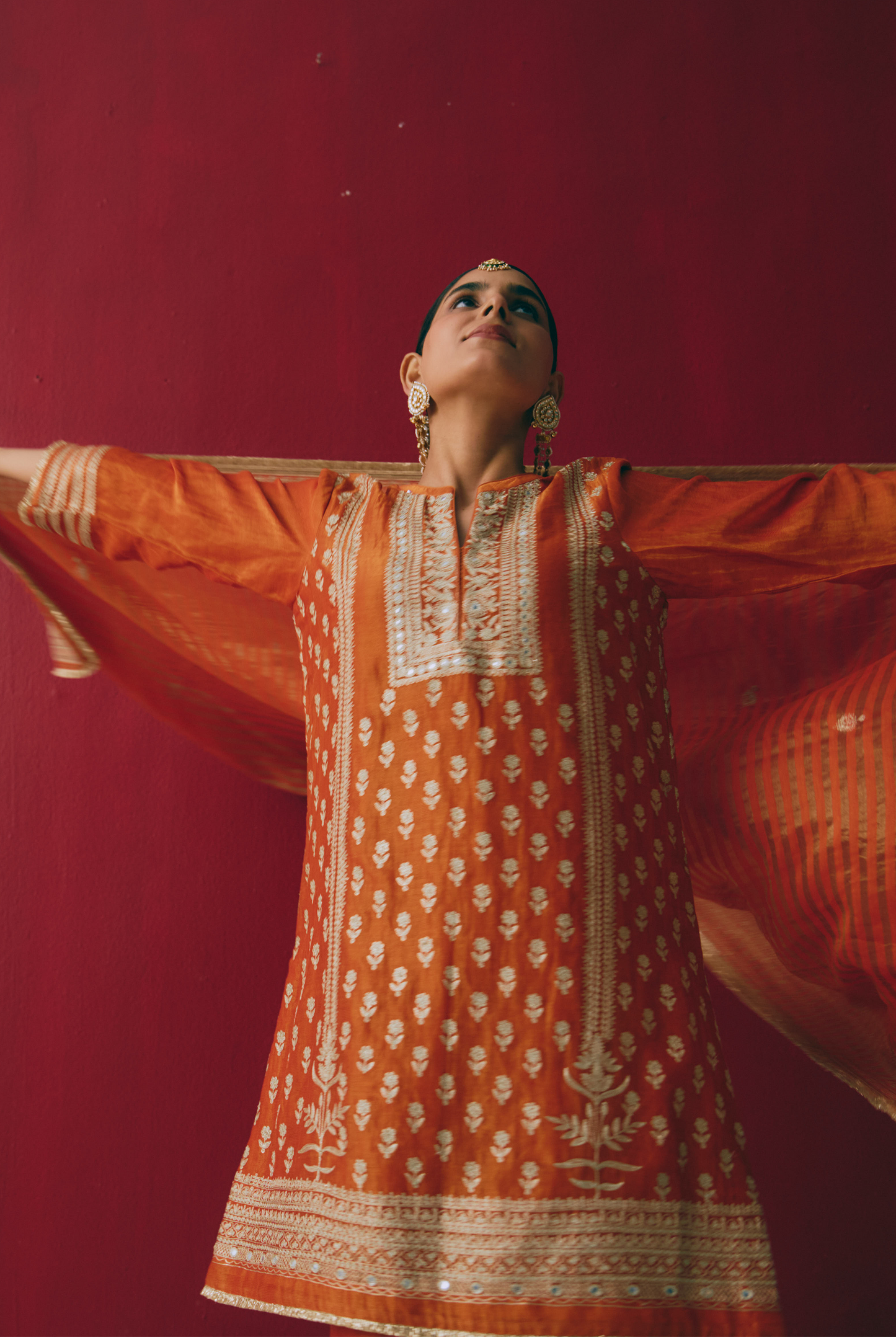 Rust Orange Tissue Chanderi Kurta Set with Ari & Pita Embroidery